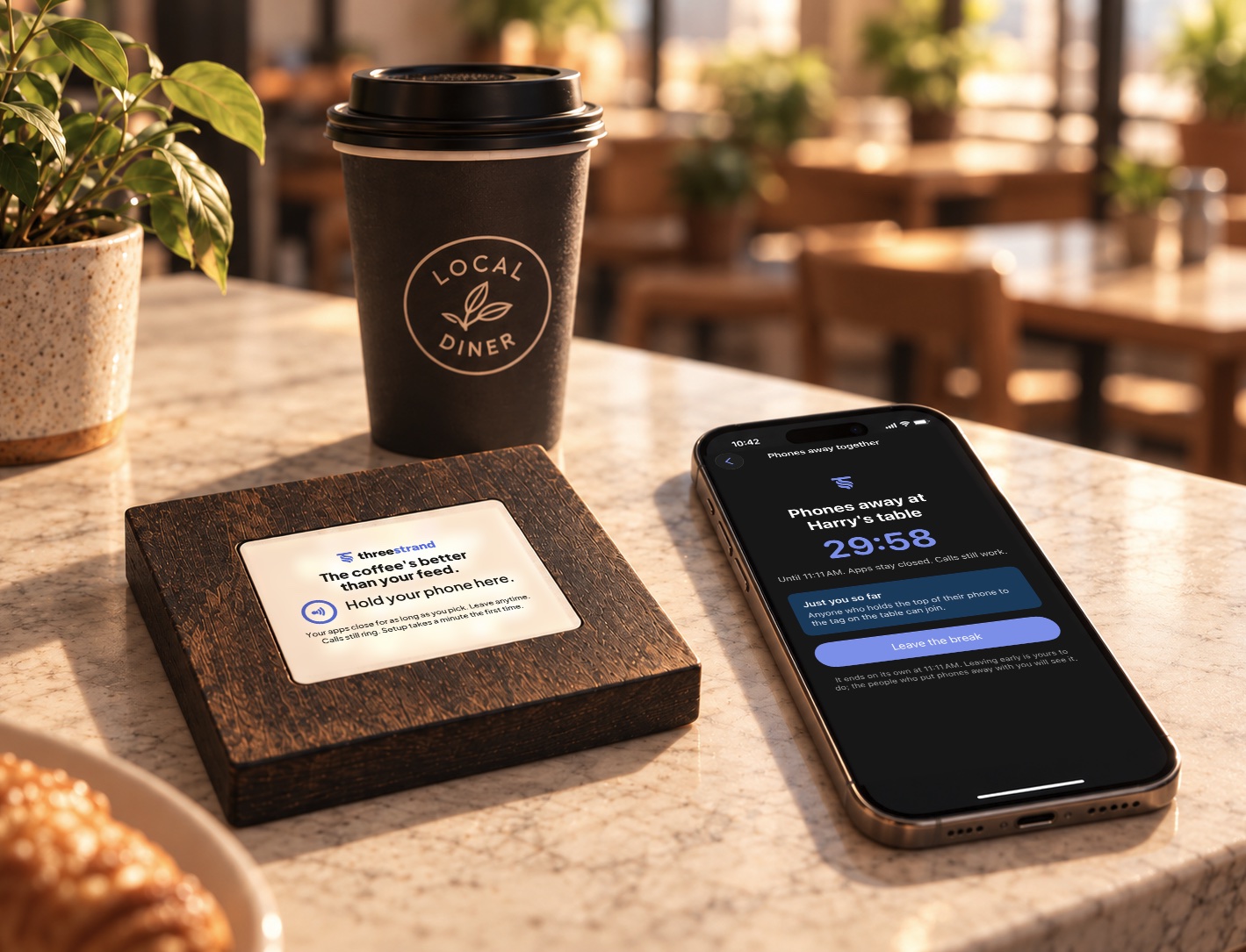 A Threestrand table card on a cafe table next to a phone showing Phones away at Harry's table, 29:58 left.